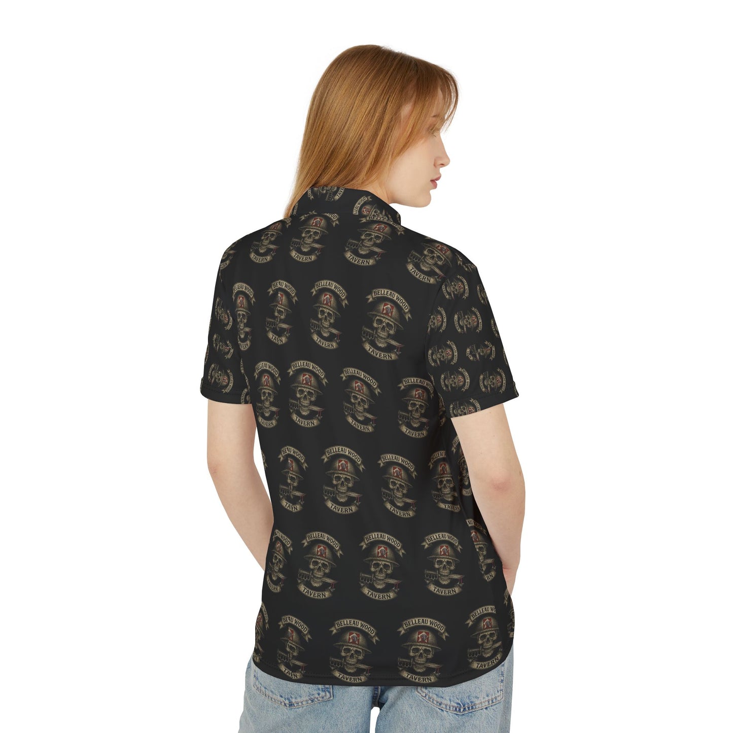 Skull & Crossbones BLACK Polo — Biker Tattoo Skull Pattern Polo Shirt (NSFW Message Under the Collar)