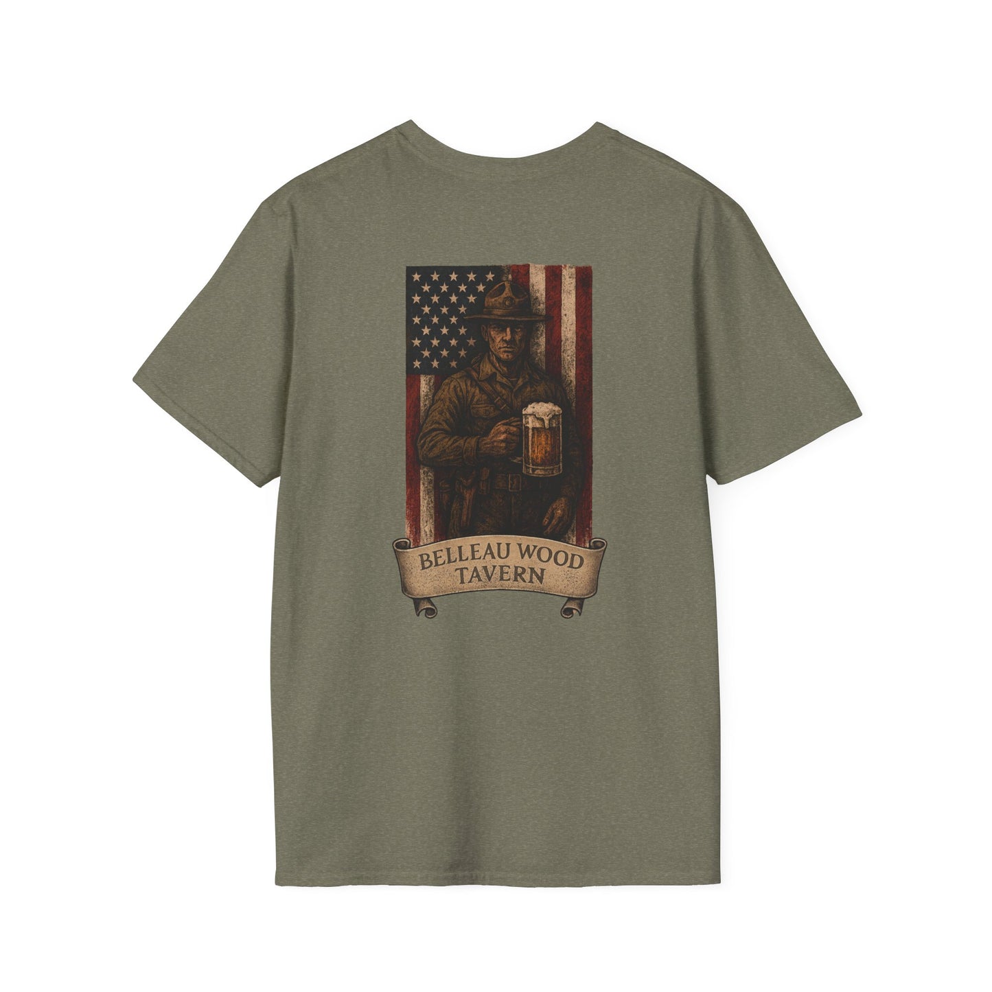 Belleau Wood Tavern Marine w/ Beer Flag T-Shirt, Unisex, Vintage Style Apparel