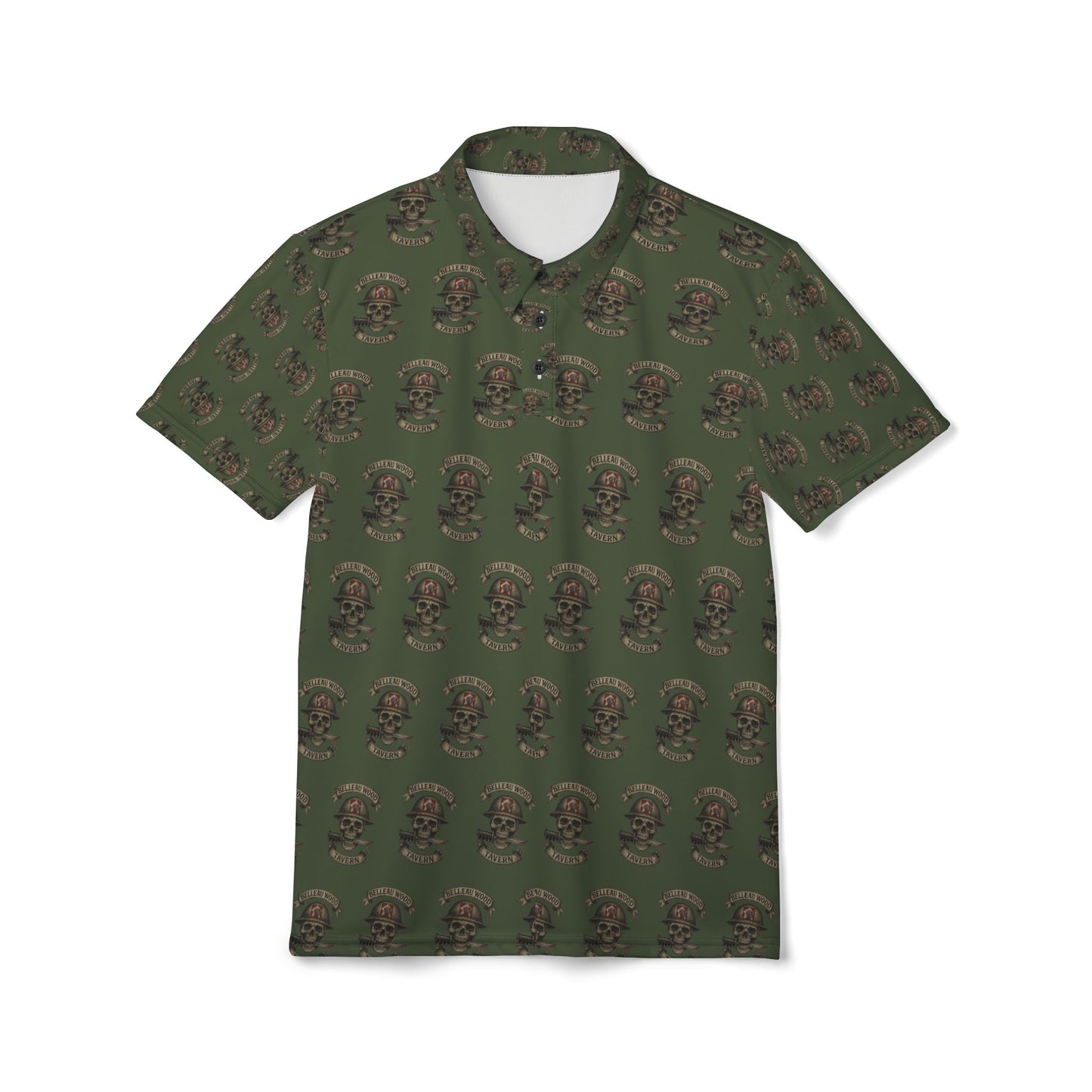 Copy of Skull & Crossbones OD Green Polo — Biker Tattoo Skull Pattern Polo Shirt (NSFW Message Under the Collar)