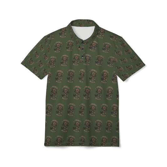 Copy of Skull & Crossbones OD Green Polo — Biker Tattoo Skull Pattern Polo Shirt (NSFW Message Under the Collar)