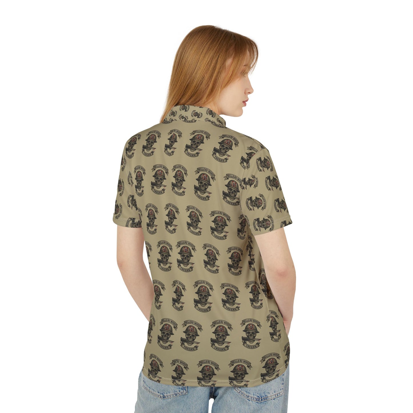 Skull & Crossbones Sand Color Polo — Biker Tattoo Skull Pattern Polo Shirt (NSFW Message Under the Collar)