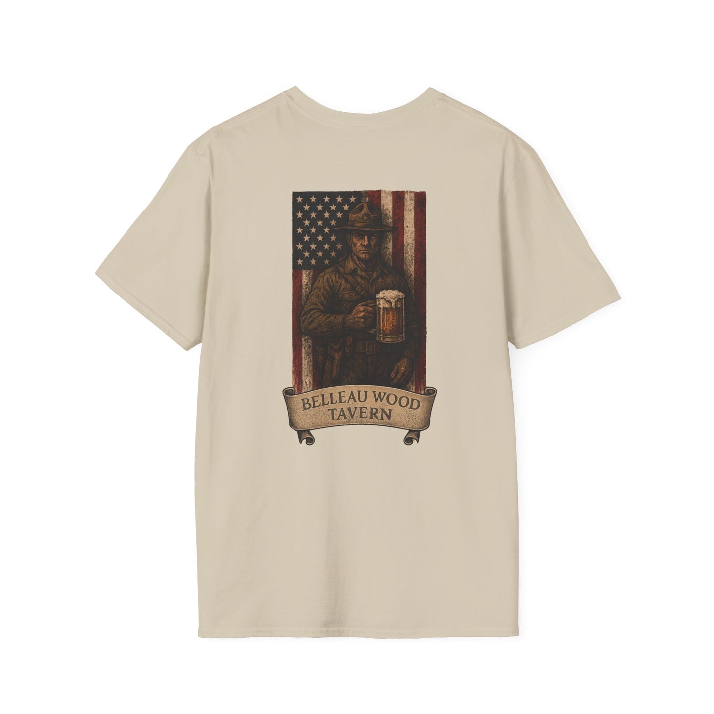 Belleau Wood Tavern Marine w/ Beer Flag T-Shirt, Unisex, Vintage Style Apparel