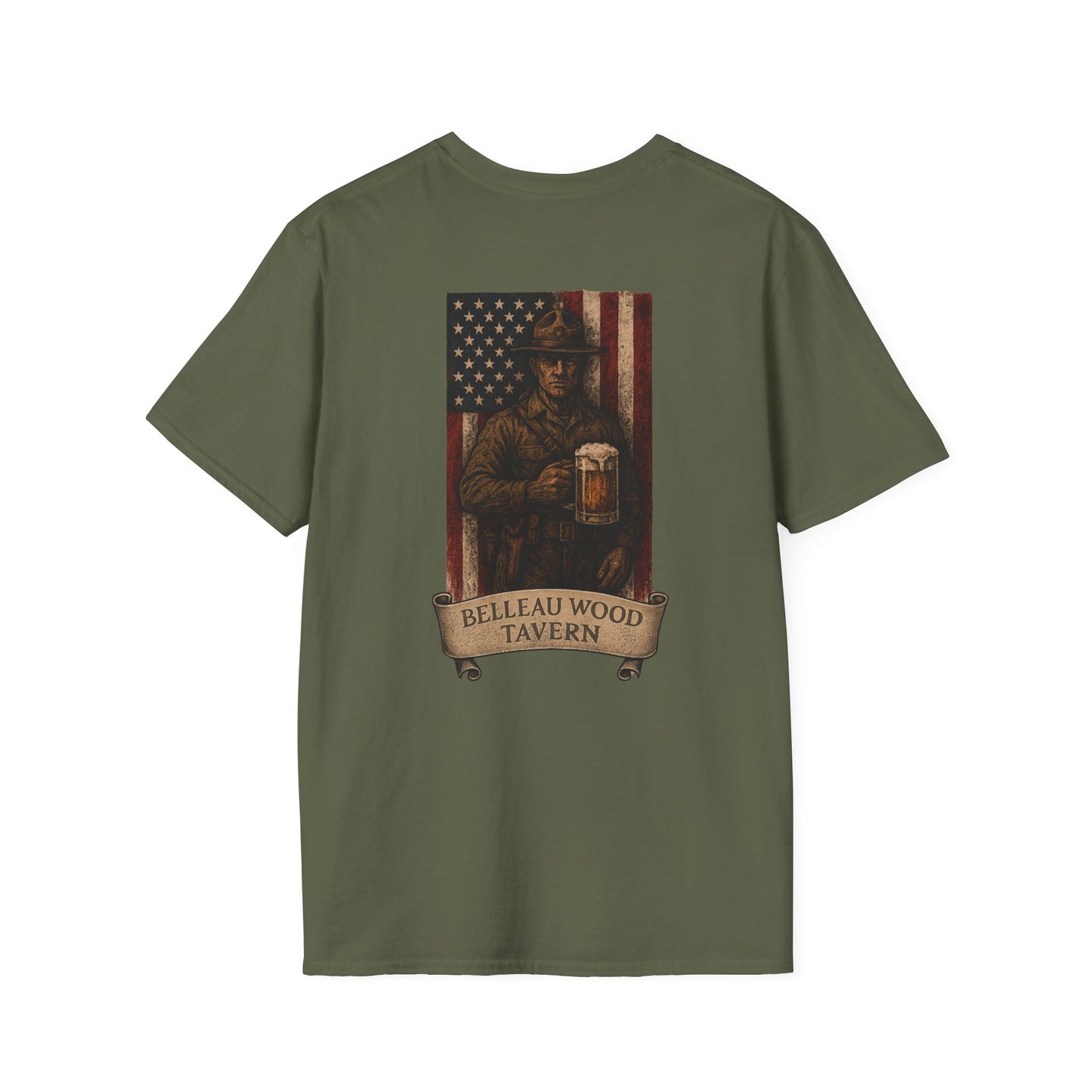 Belleau Wood Tavern Marine w/ Beer Flag T-Shirt, Unisex, Vintage Style Apparel