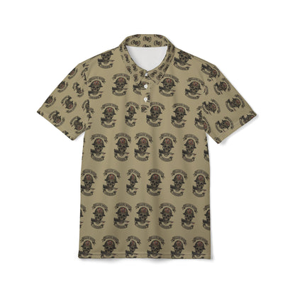 Skull & Crossbones Sand Color Polo — Biker Tattoo Skull Pattern Polo Shirt (NSFW Message Under the Collar)