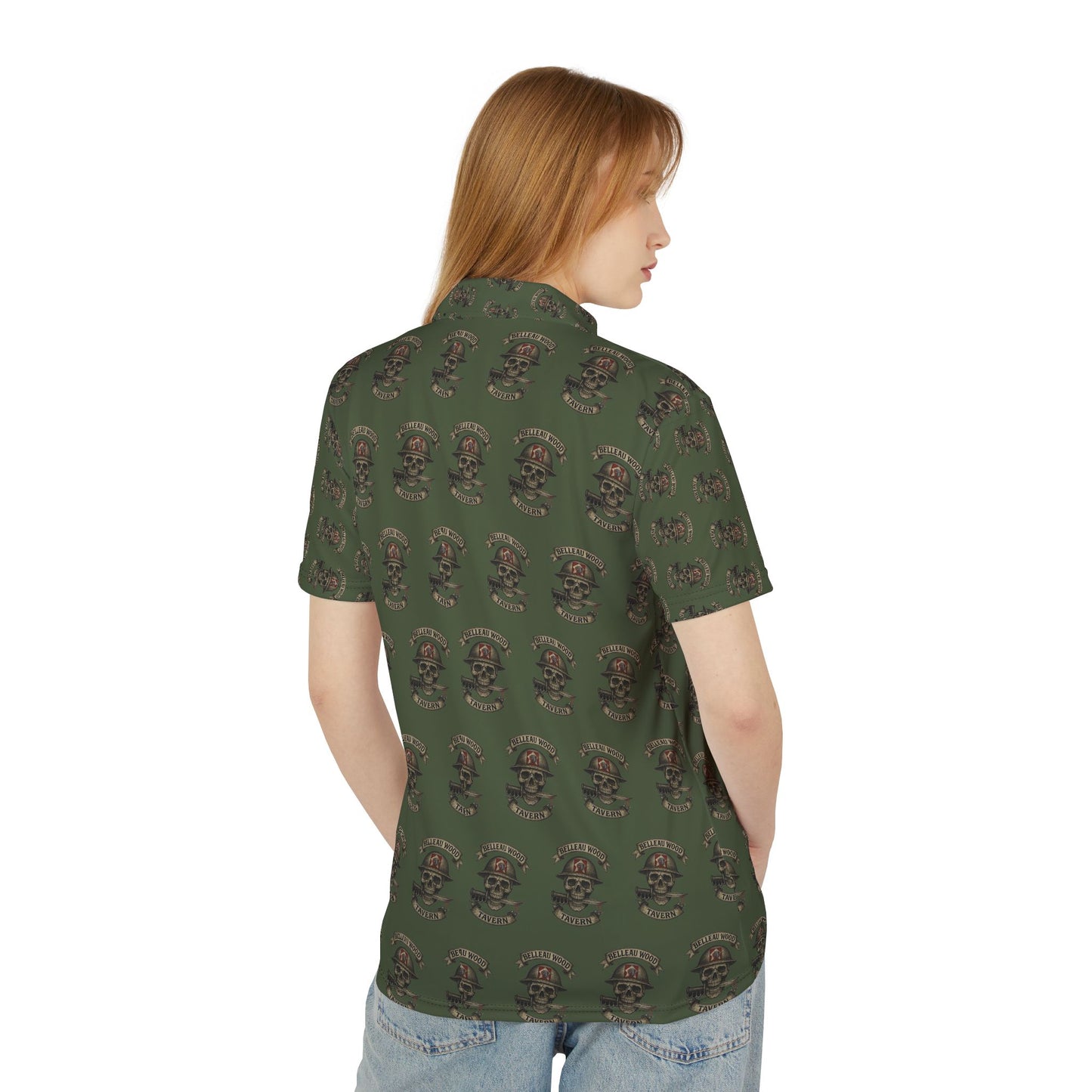Copy of Skull & Crossbones OD Green Polo — Biker Tattoo Skull Pattern Polo Shirt (NSFW Message Under the Collar)