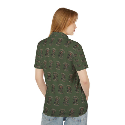 Copy of Skull & Crossbones OD Green Polo — Biker Tattoo Skull Pattern Polo Shirt (NSFW Message Under the Collar)