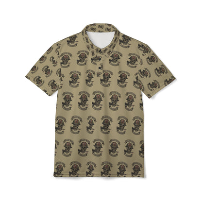 Skull & Crossbones Sand Color Polo — Biker Tattoo Skull Pattern Polo Shirt (NSFW Message Under the Collar)