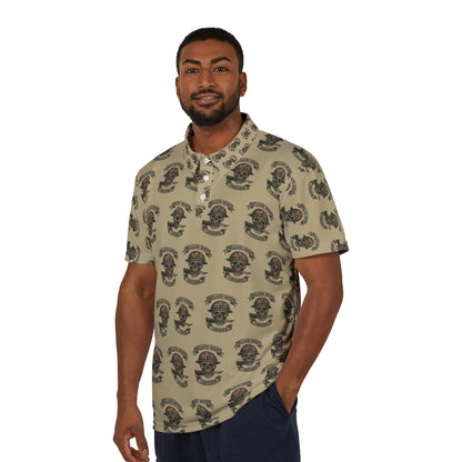 Skull & Crossbones Sand Color Polo — Biker Tattoo Skull Pattern Polo Shirt (NSFW Message Under the Collar)